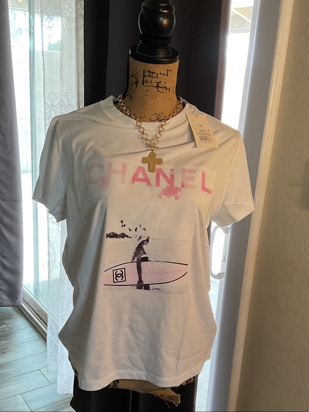 CHANEL White Tee with Pink Logo and Surf Graphic